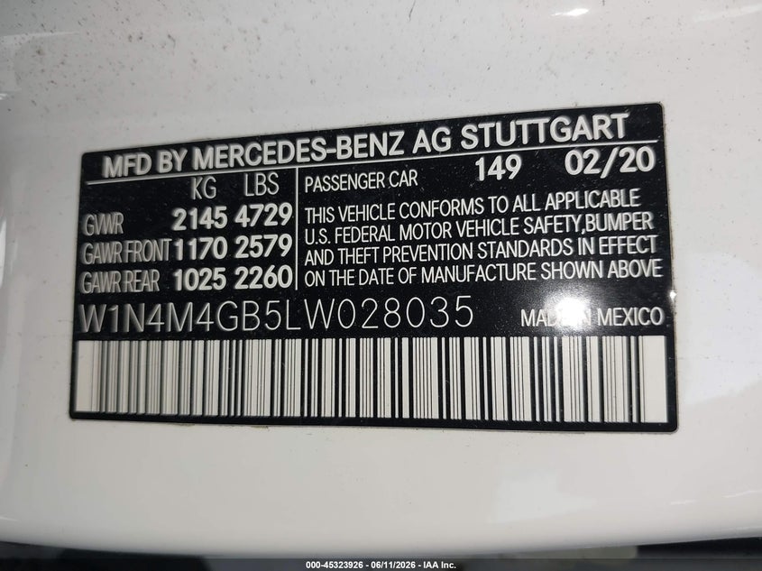 2020 Mercedes-benz VIN W1N4M4GB5LW028035 IAAI salvage auction — REAR END, Salvage Title, sold $8,100 on 2026-07-23 (photo 9)
