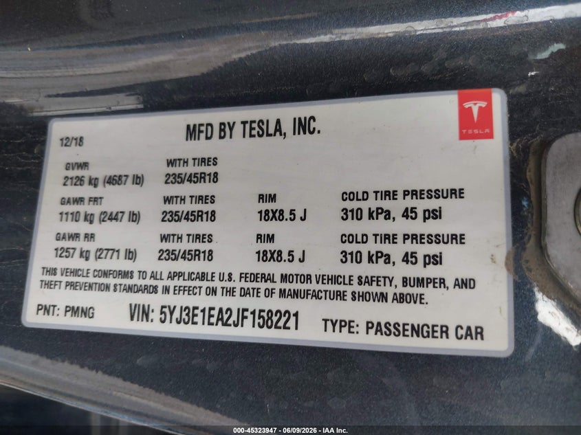 2018 Tesla Model 3 VIN 5YJ3E1EA2JF158221 IAAI salvage auction — LEFT REAR, Original (Texas), sold $4,225 on 2026-07-23 (photo 9)