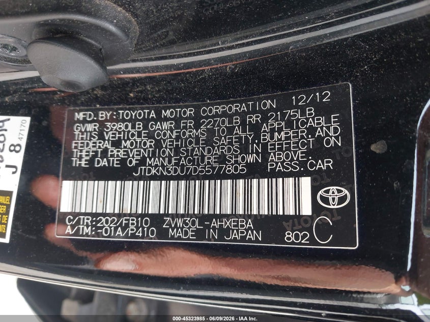 2013 Toyota Prius VIN JTDKN3DU7D5577805 IAAI salvage auction — NORMAL WEAR, Salvage Title, sold $1,750 on 2026-07-21 (photo 9)