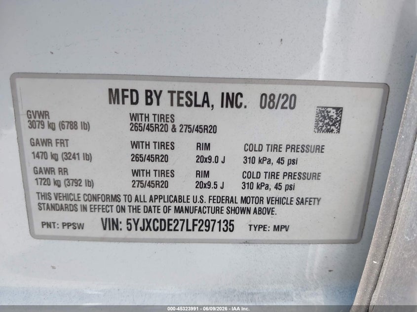 2020 Tesla Model x VIN 5YJXCDE27LF297135 IAAI salvage auction — REAR END, Salvage (California), sold $7,000 on 2026-07-29 (photo 9)