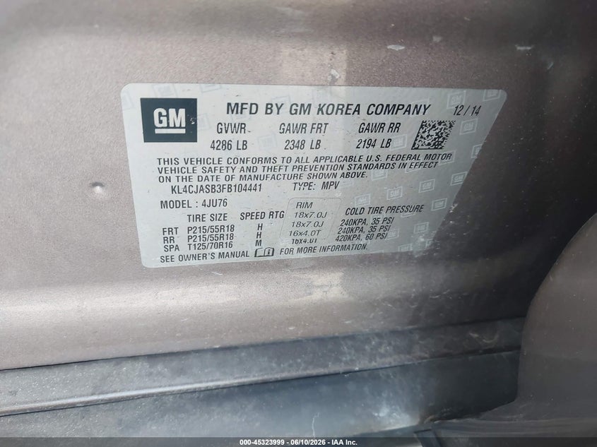 2015 Buick Encore VIN KL4CJASB3FB104441 IAAI salvage auction — FRONT END, Rebuildable (Florida), sold $525 on 2026-07-16 (photo 9)