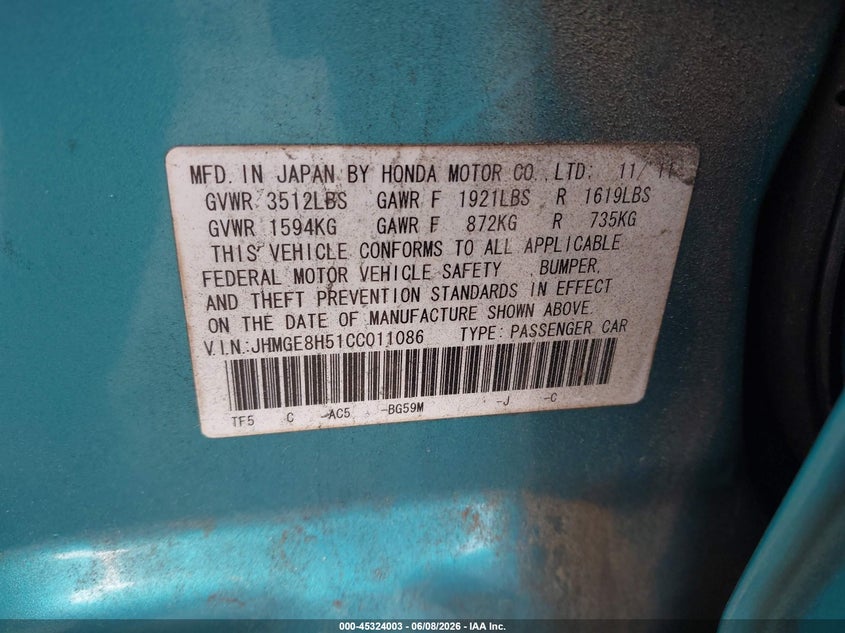 2012 Honda Fit VIN JHMGE8H51CC011086 IAAI salvage auction — REAR END, Salvage Title, sold $1,850 on 2026-07-17 (photo 9)