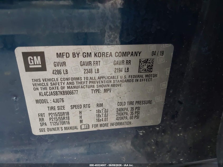 2019 Buick Encore VIN KL4CJASB7KB906677 IAAI salvage auction — LEFT FRONT, Salvage Title, sold $1,050 on 2026-07-15 (photo 9)