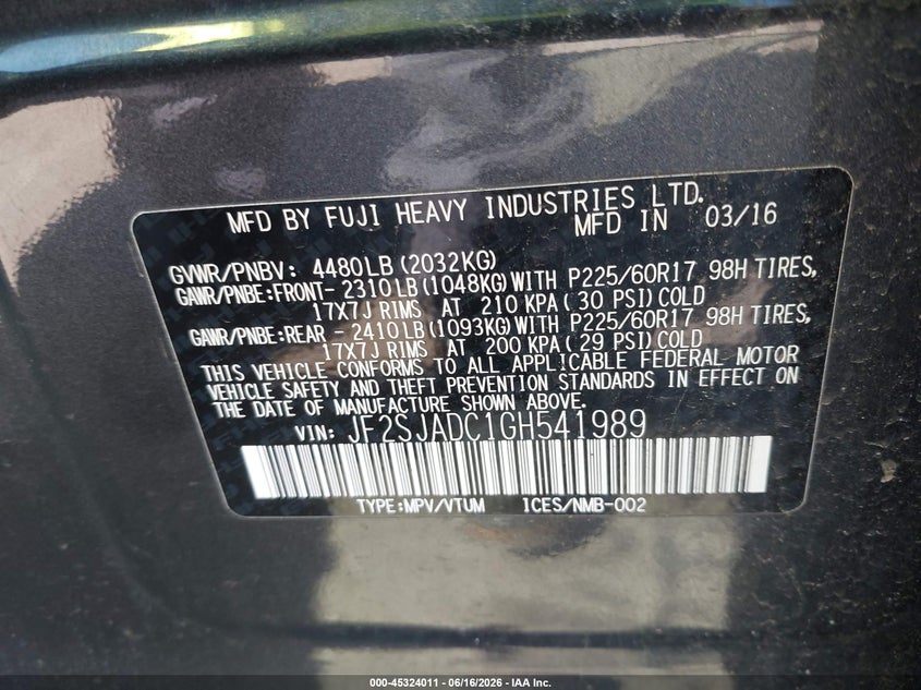 2016 Subaru Forester VIN JF2SJADC1GH541989 IAAI salvage auction — FRONT END, Salvage (Connecticut), sold $975 on 2026-07-09 (photo 9)