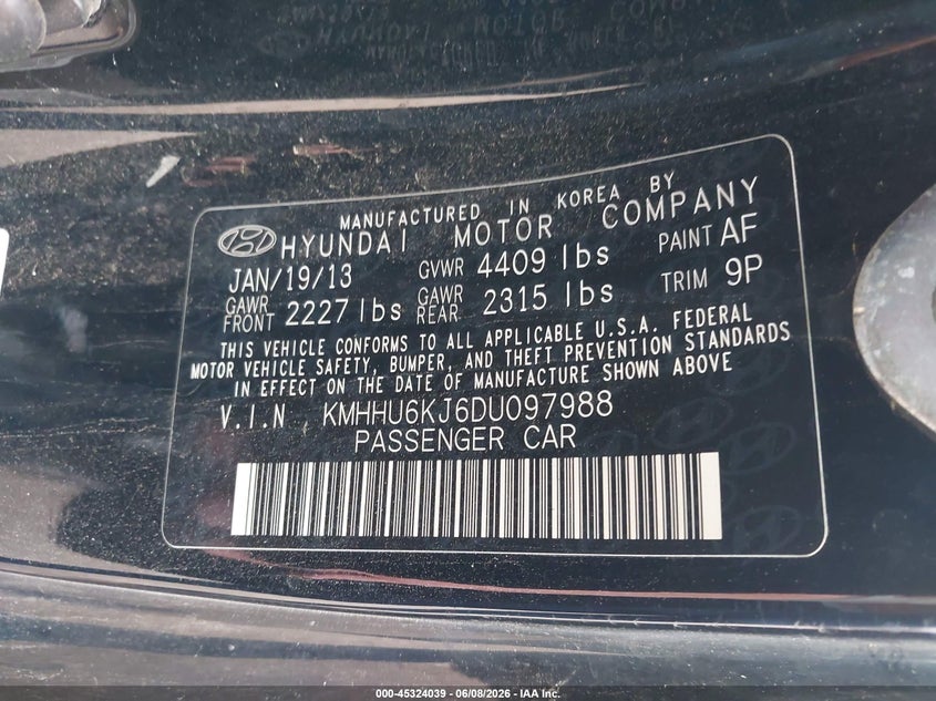 2013 Hyundai Genesis VIN KMHHU6KJ6DU097988 IAAI salvage auction — REAR END, Original (Texas), sold $650 on 2026-07-21 (photo 9)