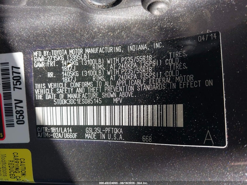 2014 Toyota Sienna VIN 5TDDK3DC1ES085145 IAAI salvage auction — SIDE, Salvage Title, sold $4,050 on 2026-07-17 (photo 9)