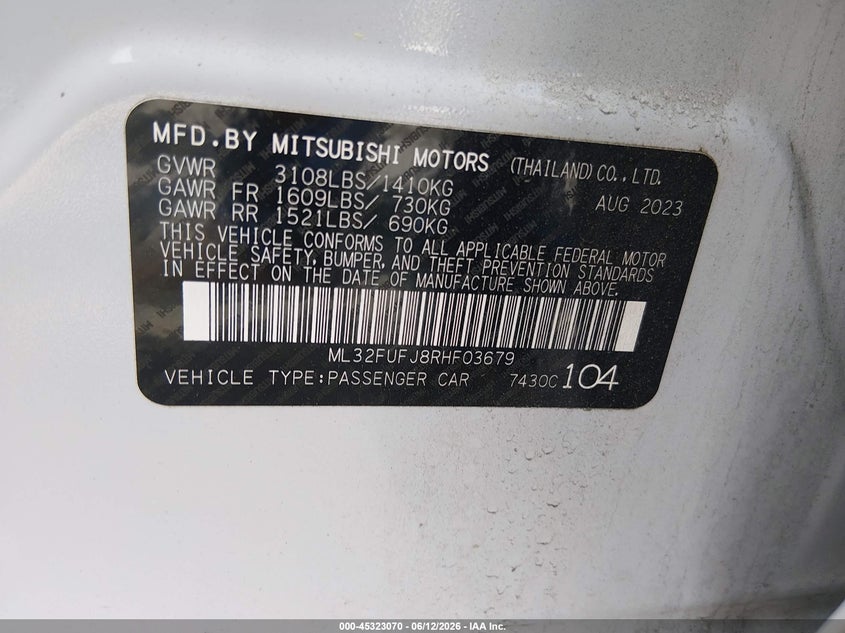 2024 Mitsubishi Mirage VIN ML32FUFJ8RHF03679 IAAI salvage auction — FRONT END, Salvage Title, sold $2,700 on 2026-07-20 (photo 9)