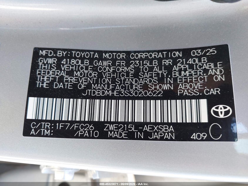 2025 Toyota Corolla VIN JTDBDMHE3S3020622 IAAI salvage auction — FRONT END, Mv-907A (New York), sold $3,750 on 2026-07-30 (photo 9)