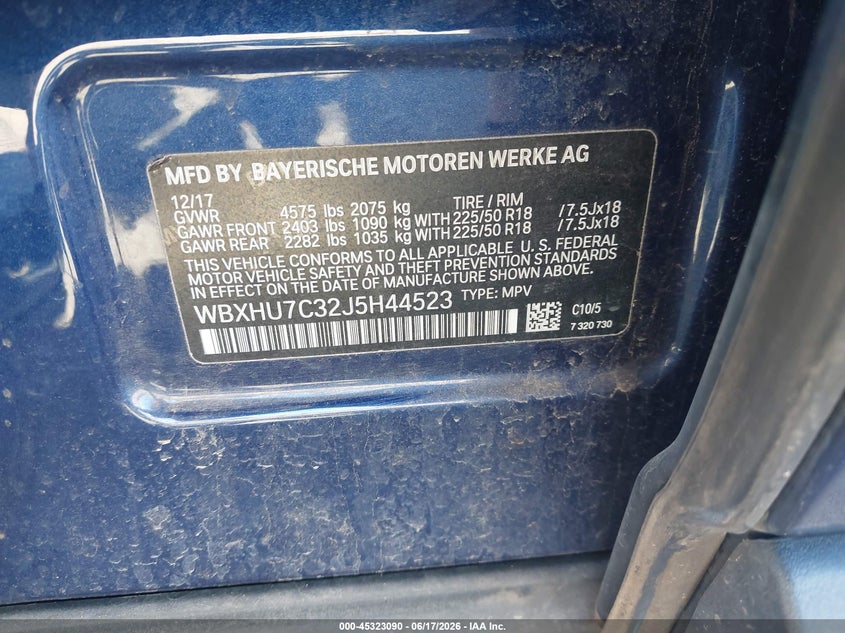 2018 BMW X1 VIN WBXHU7C32J5H44523 IAAI salvage auction — HAIL, Original (Texas), sold $325 on 2026-07-29 (photo 9)