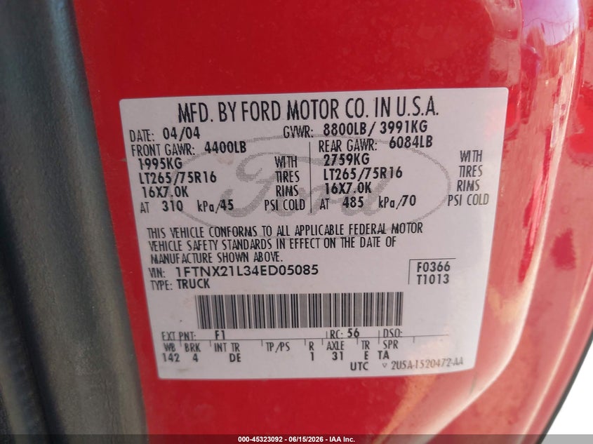 2004 Ford F-250 VIN 1FTNX21L34ED05085 IAAI salvage auction — FRONT END, Salvage (Idaho), sold $2,850 on 2026-07-09 (photo 9)