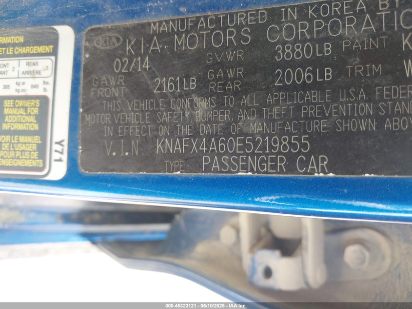2014 Kia Forte VIN KNAFX4A60E5219855 IAAI salvage auction — HAIL, Original (Texas), sold $75 on 2026-07-29 (photo 9)