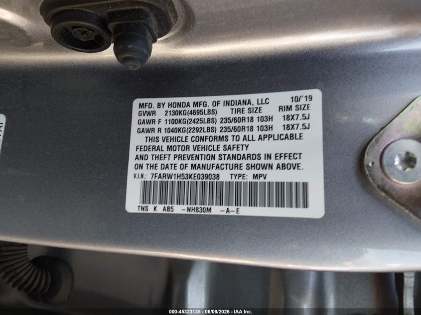 2019 Honda Cr-v VIN 7FARW1H53KE039038 IAAI salvage auction — SIDE, Salvage Title, sold $5,850 on 2026-07-21 (photo 9)