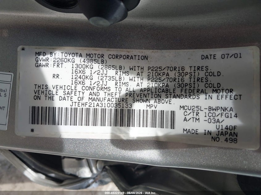 2001 Toyota Highlander VIN JTEHF21A310035133 IAAI salvage auction — SIDE, Salvage (South Carolina), sold $850 on 2026-07-07 (photo 9)