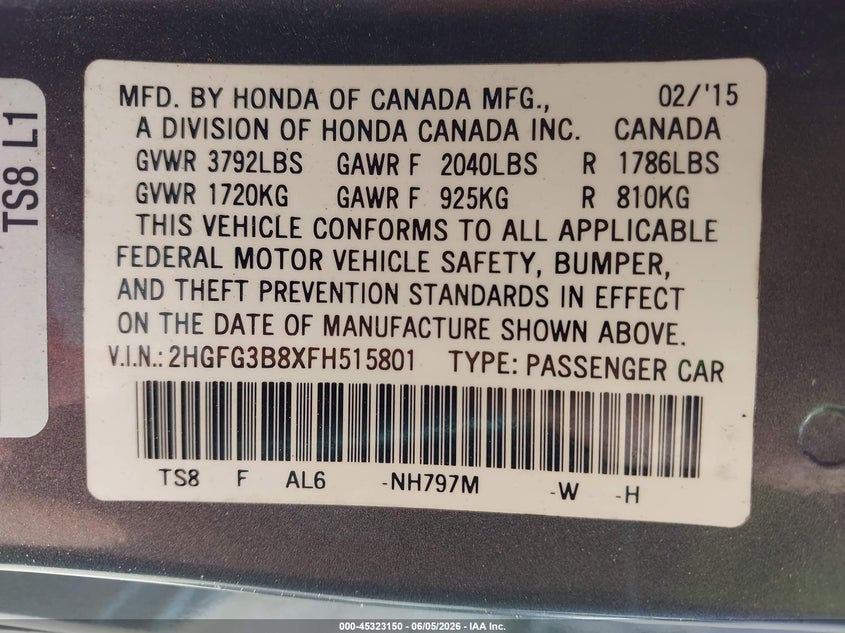 2015 Honda Civic VIN 2HGFG3B8XFH515801 IAAI salvage auction — FRONT END, Salvage Title, sold $175 on 2026-07-30 (photo 9)