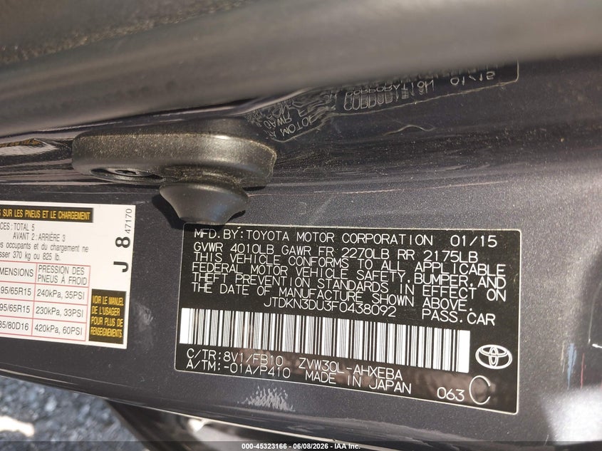2015 Toyota Prius VIN JTDKN3DU3F0438092 IAAI salvage auction — FRONT END, Salvage (New Jersey), sold $3,200 on 2026-07-27 (photo 9)