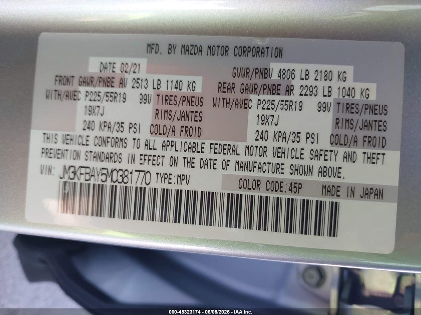 2021 Mazda Cx-5 VIN JM3KFBAY5M0381770 IAAI salvage auction — RIGHT FRONT, Salvage Title, sold $6,400 on 2026-07-07 (photo 9)
