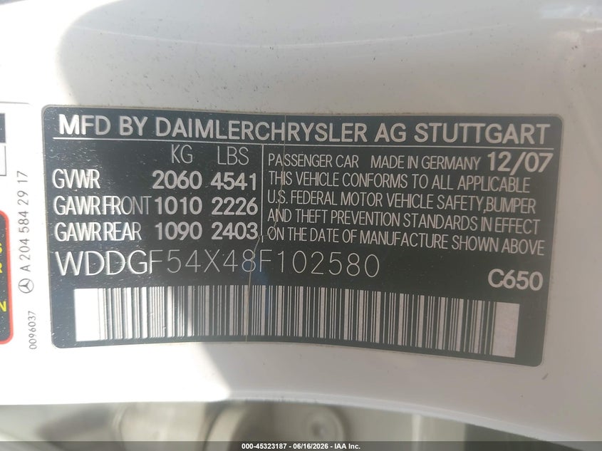 2008 Mercedes-benz C-klasse VIN WDDGF54X48F102580 IAAI salvage auction — RIGHT SIDE, Salvage - Greater Than 75% (Maryland), sold $500 on 2026-07-18 (photo 9)