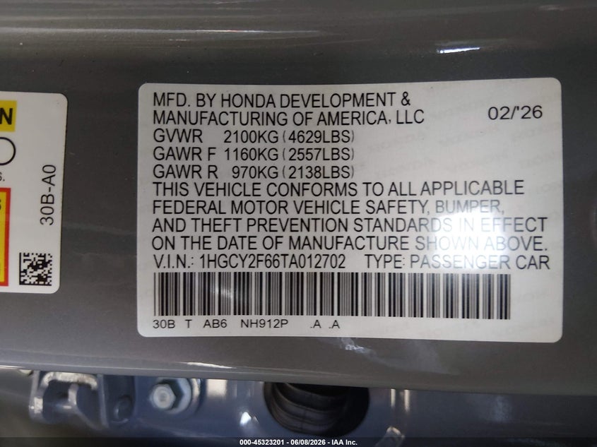 2026 Honda Accord VIN 1HGCY2F66TA012702 IAAI salvage auction — REAR END, Salvage (California), sold $7,700 on 2026-07-30 (photo 9)