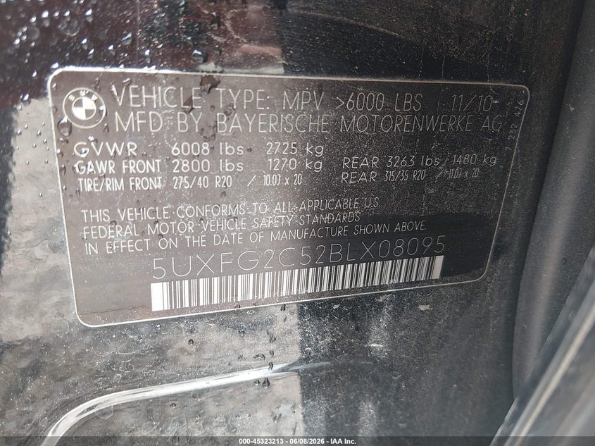 2011 BMW X6 VIN 5UXFG2C52BLX08095 IAAI salvage auction — LEFT FRONT, Nrc Lienholder Repossession Paperwork (Alabama), sold $2,450 on 2026-07-07 (photo 9)