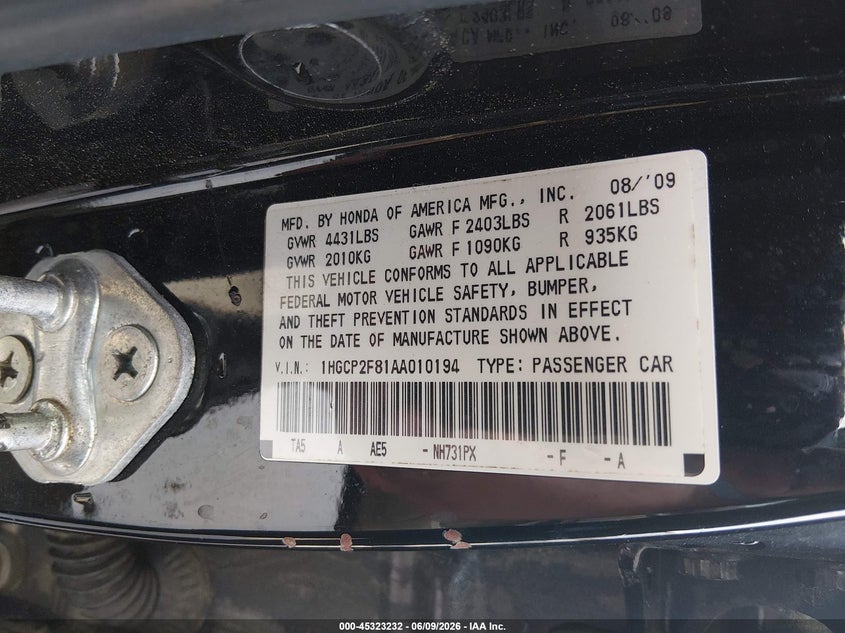 2010 Honda Accord VIN 1HGCP2F81AA010194 IAAI salvage auction — RIGHT FRONT, Salvage (North Carolina), sold $650 on 2026-07-22 (photo 9)
