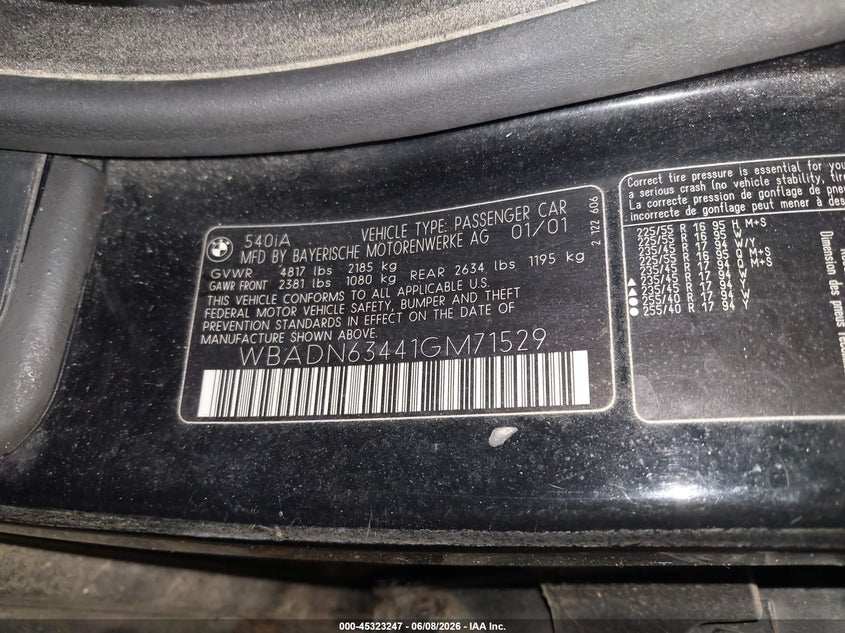 2001 BMW 5er VIN WBADN63441GM71529 IAAI salvage auction — NORMAL WEAR, Clear (Minnesota), sold $325 on 2026-07-22 (photo 9)