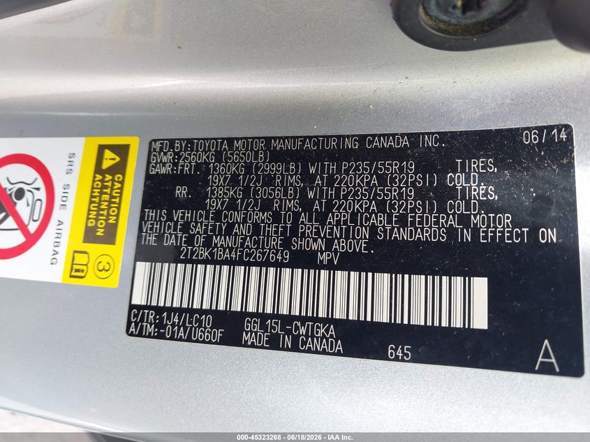 2015 Lexus Rx 350 VIN 2T2BK1BA4FC267649 IAAI salvage auction — RIGHT FRONT, Clear (Tennessee), sold $7,400 on 2026-07-14 (photo 9)