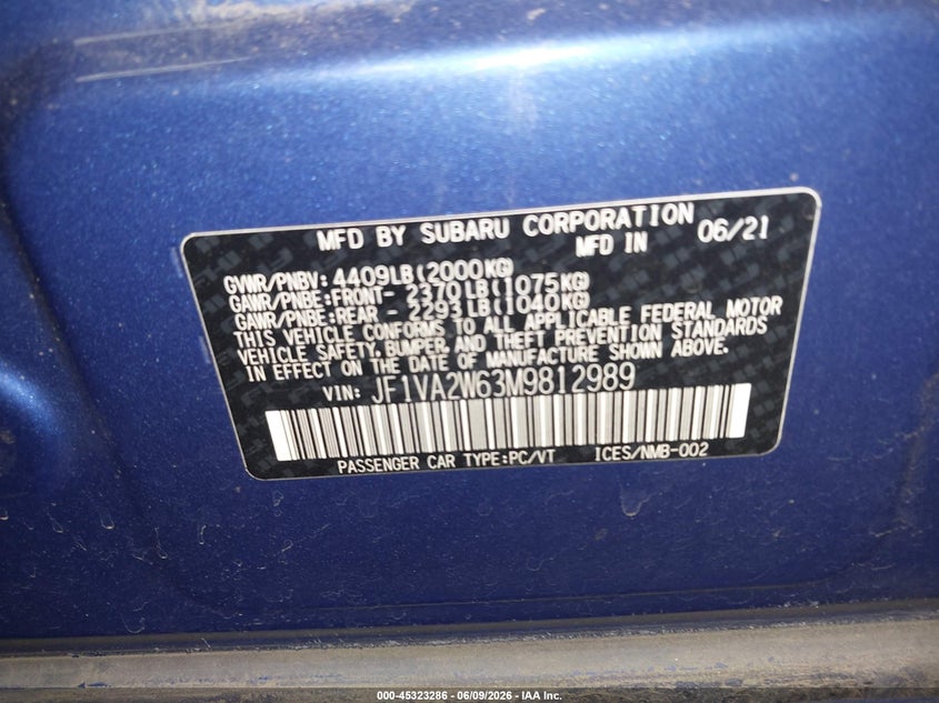 2021 Subaru Wrx sti VIN JF1VA2W63M9812989 IAAI salvage auction — FRONT END, Salvage Title, sold $5,700 on 2026-07-28 (photo 9)