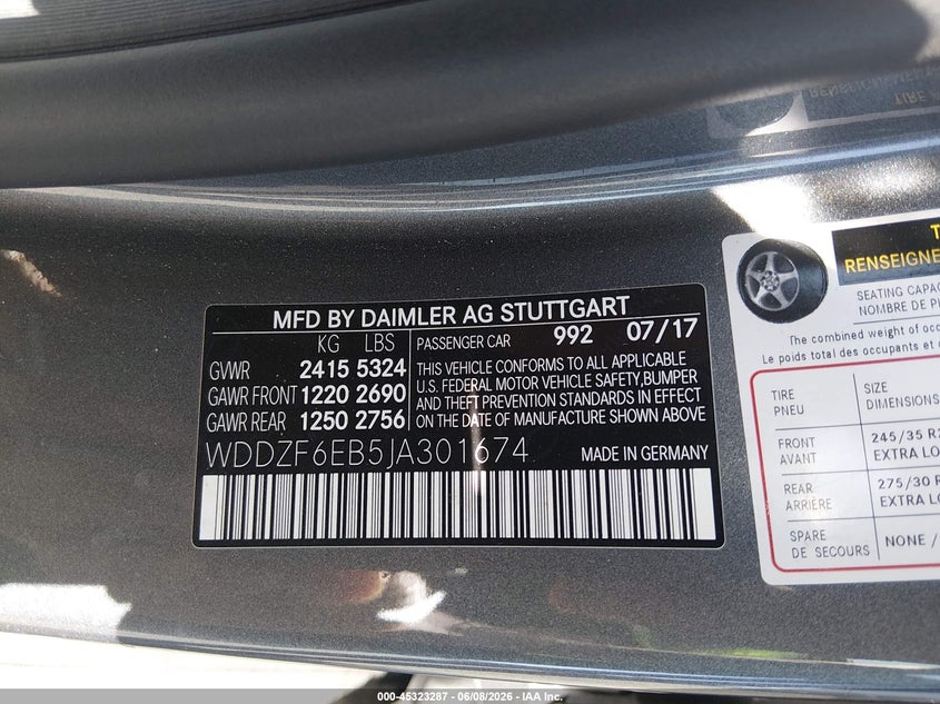 2018 Mercedes-benz VIN WDDZF6EB5JA301674 IAAI salvage auction — FRONT END, Salvage Title, sold $75 on 2026-08-02 (photo 9)