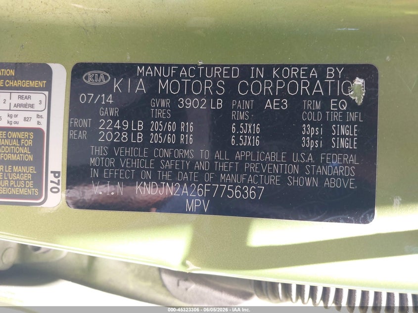 2015 Kia Soul VIN KNDJN2A26F7756367 IAAI salvage auction — NORMAL WEAR, Clear - Dealer Only (California), sold $350 on 2026-07-20 (photo 9)