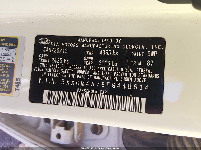 2015 Kia Optima VIN 5XXGM4A78FG448614 IAAI salvage auction — REAR END, Salvage Title, sold $1,700 on 2026-07-09 (photo 9)