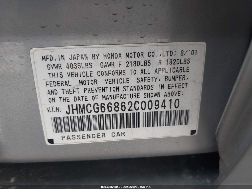 2002 Honda Accord VIN JHMCG66862C009410 IAAI salvage auction — FRONT & REAR, Clear (Oklahoma), sold $1,350 on 2026-07-30 (photo 9)