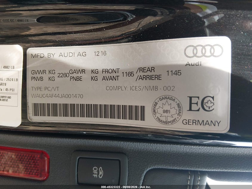 2018 Audi S4 VIN WAUC4AF44JA001470 IAAI salvage auction — FRONT END, Salvage Title, sold $6,300 on 2026-07-19 (photo 9)