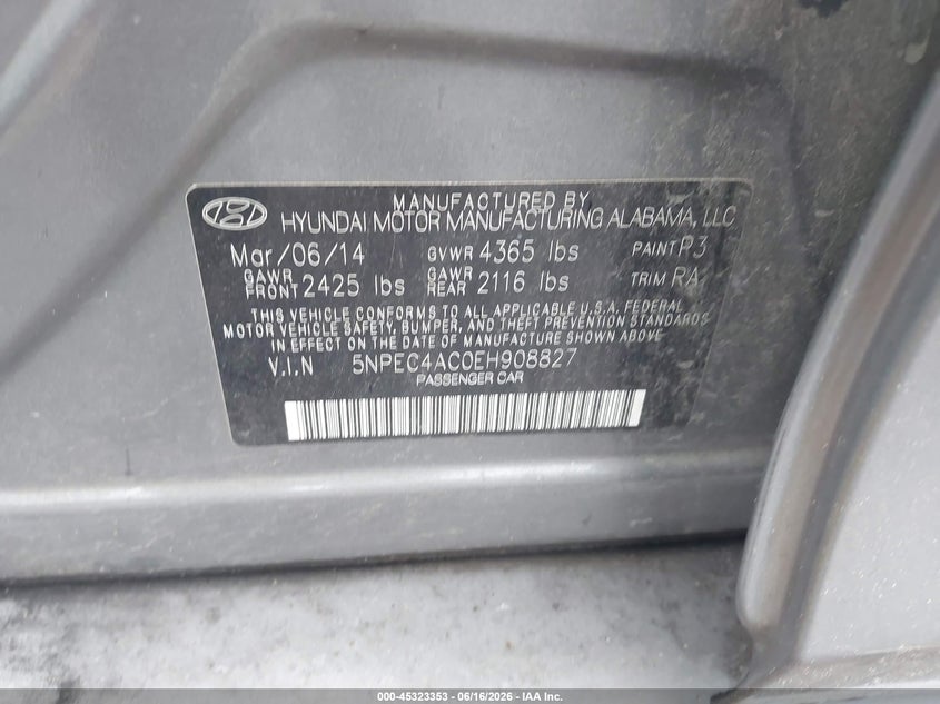 2014 Hyundai Sonata VIN 5NPEC4AC0EH908827 IAAI salvage auction — NORMAL WEAR, Clear (Alabama), sold $275 on 2026-07-08 (photo 9)