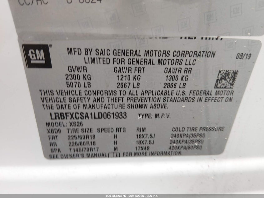 2020 Buick Envision VIN LRBFXCSA1LD061933 IAAI salvage auction — LEFT REAR, Salvage (North Carolina), sold $2,500 on 2026-07-29 (photo 9)