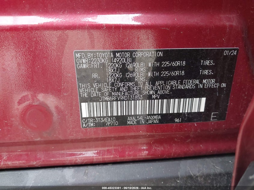2024 Toyota Rav 4 VIN JTMB6RFV9RD131853 IAAI salvage auction — FRONT END, Clear Claim Paid (Wisconsin), sold $3,650 on 2026-07-09 (photo 9)