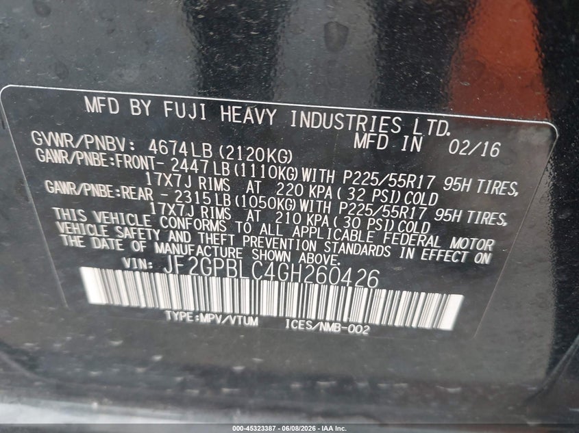 2016 Subaru Xv VIN JF2GPBLC4GH260426 IAAI salvage auction — NORMAL WEAR, Clear (Tennessee), sold $325 on 2026-07-23 (photo 9)
