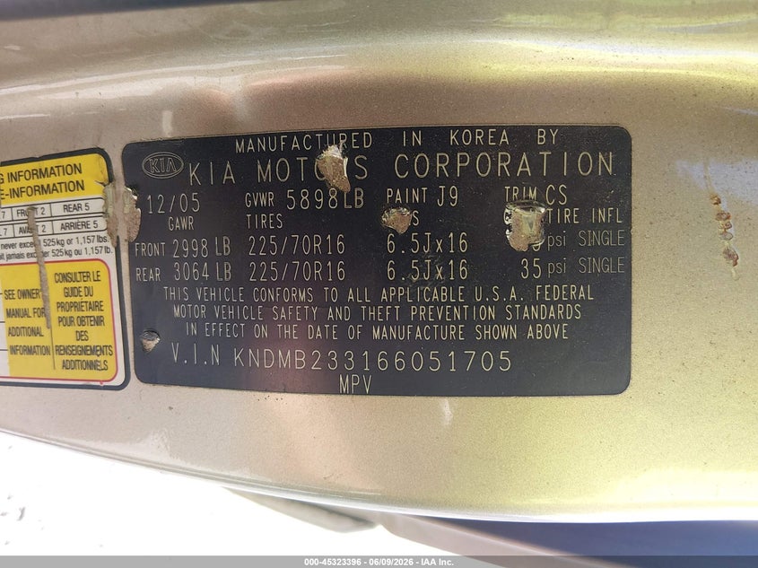 2006 Kia SEDONA VIN KNDMB233166051705 IAAI salvage auction — RIGHT REAR, Salvage (Louisiana), sold $450 on 2026-07-28 (photo 9)