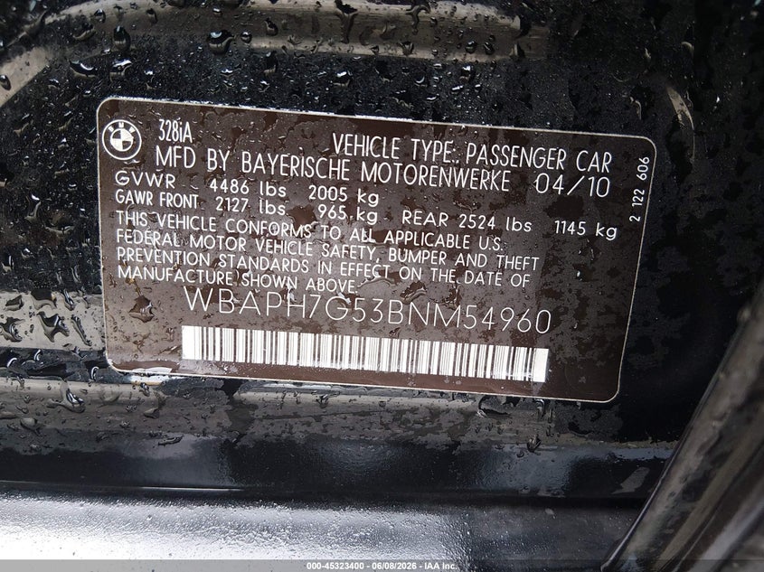 2011 BMW 3er VIN WBAPH7G53BNM54960 IAAI salvage auction — REAR END, Repossession Paperwork (Georgia), sold $1,325 on 2026-07-10 (photo 9)