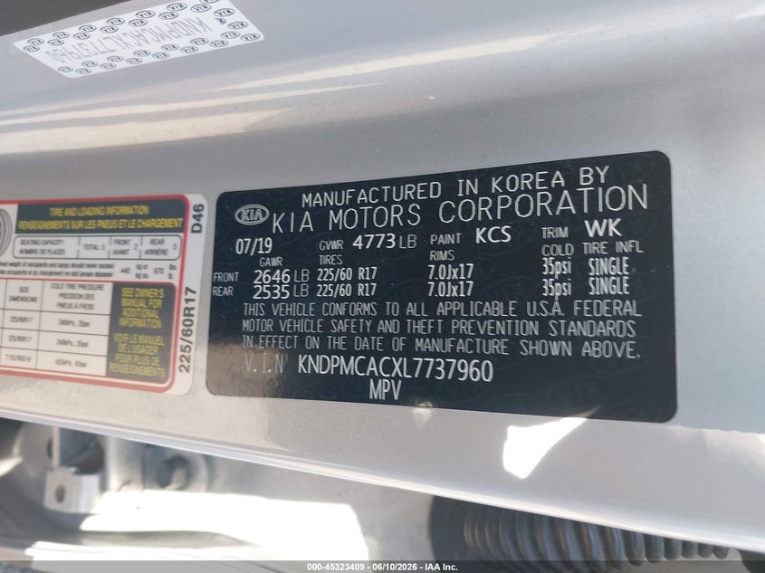 2020 Kia Sportage VIN KNDPMCACXL7737960 IAAI salvage auction — RIGHT SIDE, Salvage Title, sold $3,200 on 2026-07-28 (photo 9)