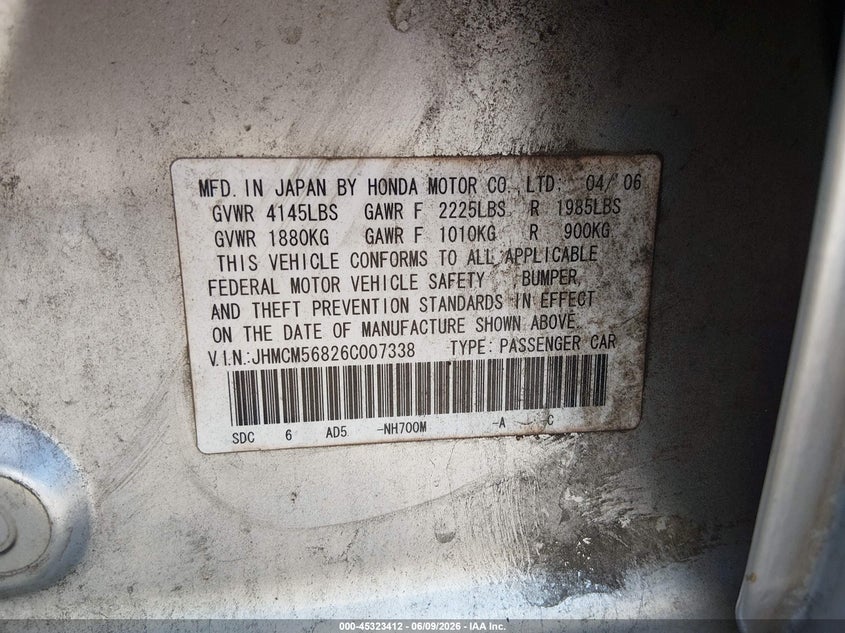 2006 Honda Accord VIN JHMCM56826C007338 IAAI salvage auction — FRONT & REAR, Salvage (Mississippi), sold $225 on 2026-07-08 (photo 9)