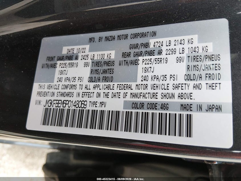 2023 Mazda Cx-5 VIN JM3KFBEM6P0148069 IAAI salvage auction — RIGHT FRONT, Salvage Title, sold $6,850 on 2026-07-08 (photo 9)