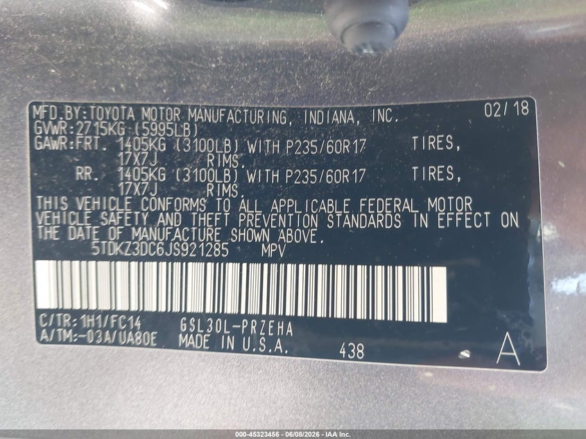 2018 Toyota Sienna VIN 5TDKZ3DC6JS921285 IAAI salvage auction — BIO HAZARD, Salvage Title, sold $7,850 on 2026-07-10 (photo 9)