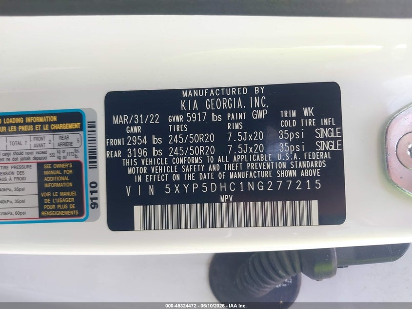 2022 Kia Telluride VIN 5XYP5DHC1NG277215 IAAI salvage auction — FRONT END, Salvage Title, sold $5,500 on 2026-07-28 (photo 9)
