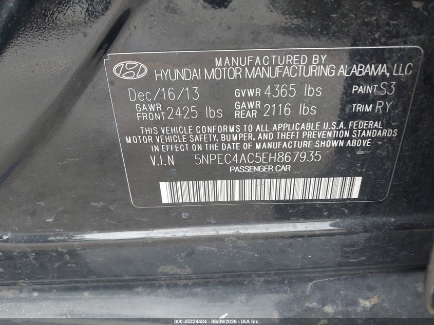 2014 Hyundai Sonata VIN 5NPEC4AC5EH867935 IAAI salvage auction — LEFT SIDE, Rebuildable (Florida), sold $325 on 2026-07-13 (photo 9)