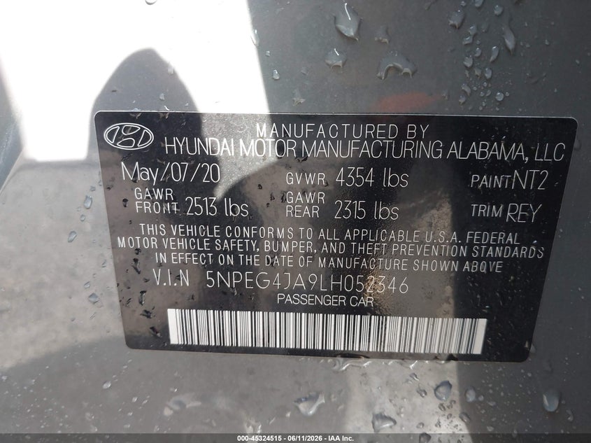 2020 Hyundai Sonata VIN 5NPEG4JA9LH052346 IAAI salvage auction — FRONT END, Salvage - Greater Than 75% (Maryland), sold $3,000 on 2026-07-15 (photo 9)