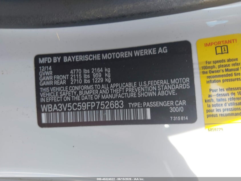 2015 BMW 4er VIN WBA3V5C59FP752683 IAAI salvage auction — VANDALISM, Salvage Title, sold $4,150 on 2026-07-22 (photo 9)