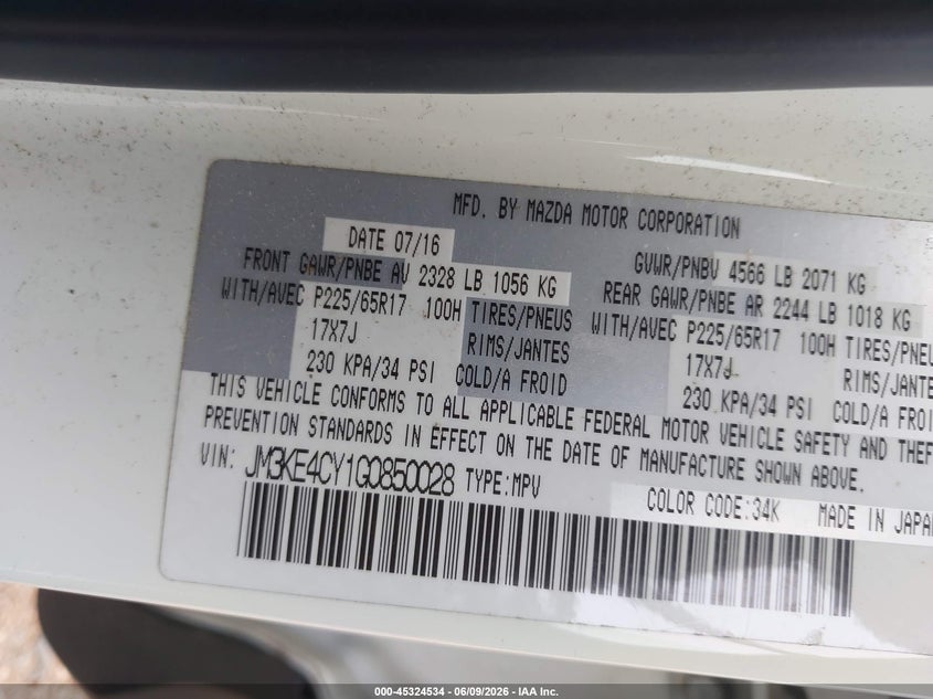 2016 Mazda Cx-5 VIN JM3KE4CY1G0850028 IAAI salvage auction — FRONT & REAR, Salvage (South Carolina), sold $3,400 on 2026-07-20 (photo 9)