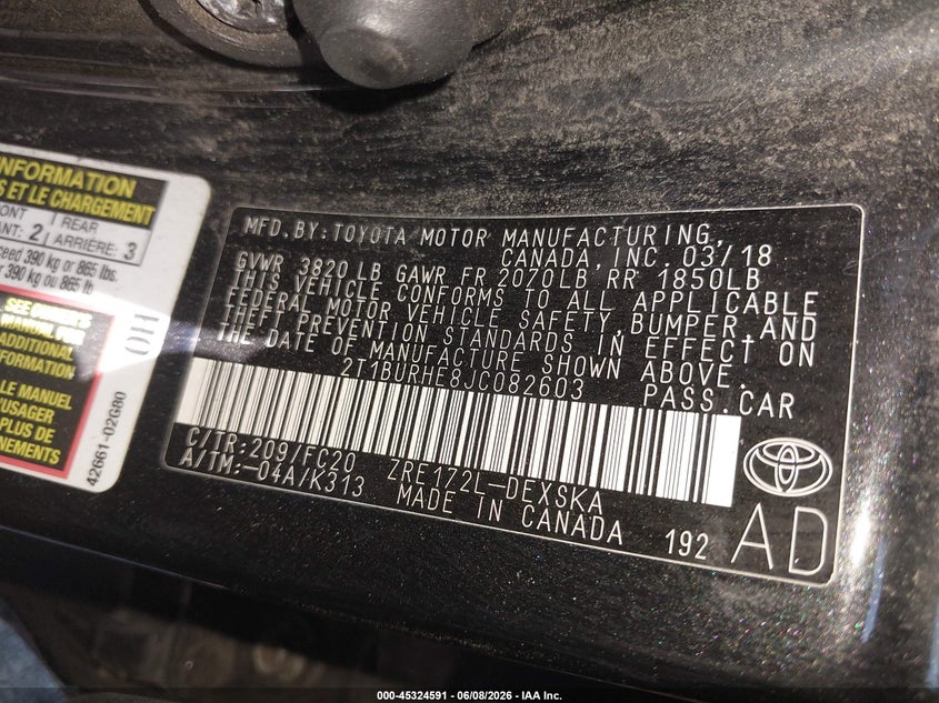 2018 Toyota Corolla VIN 2T1BURHE8JC082603 IAAI salvage auction — FRONT END, Salvage (New Jersey), sold $2,400 on 2026-07-30 (photo 9)