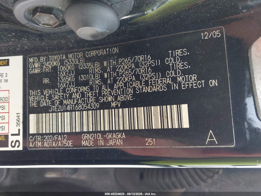 2006 Toyota 4runner VIN JTEZU14R168054309 IAAI salvage auction — SIDE, Salvage (Texas), sold $2,600 on 2026-07-20 (photo 9)