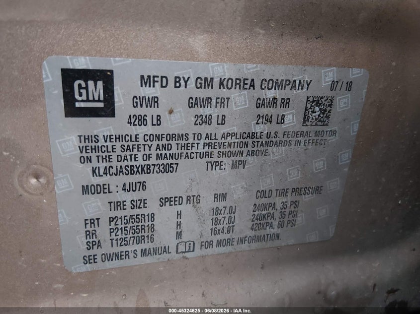 2019 Buick Encore VIN KL4CJASBXKB733057 IAAI salvage auction — RIGHT FRONT, Salvage Title, sold $1,200 on 2026-07-15 (photo 9)
